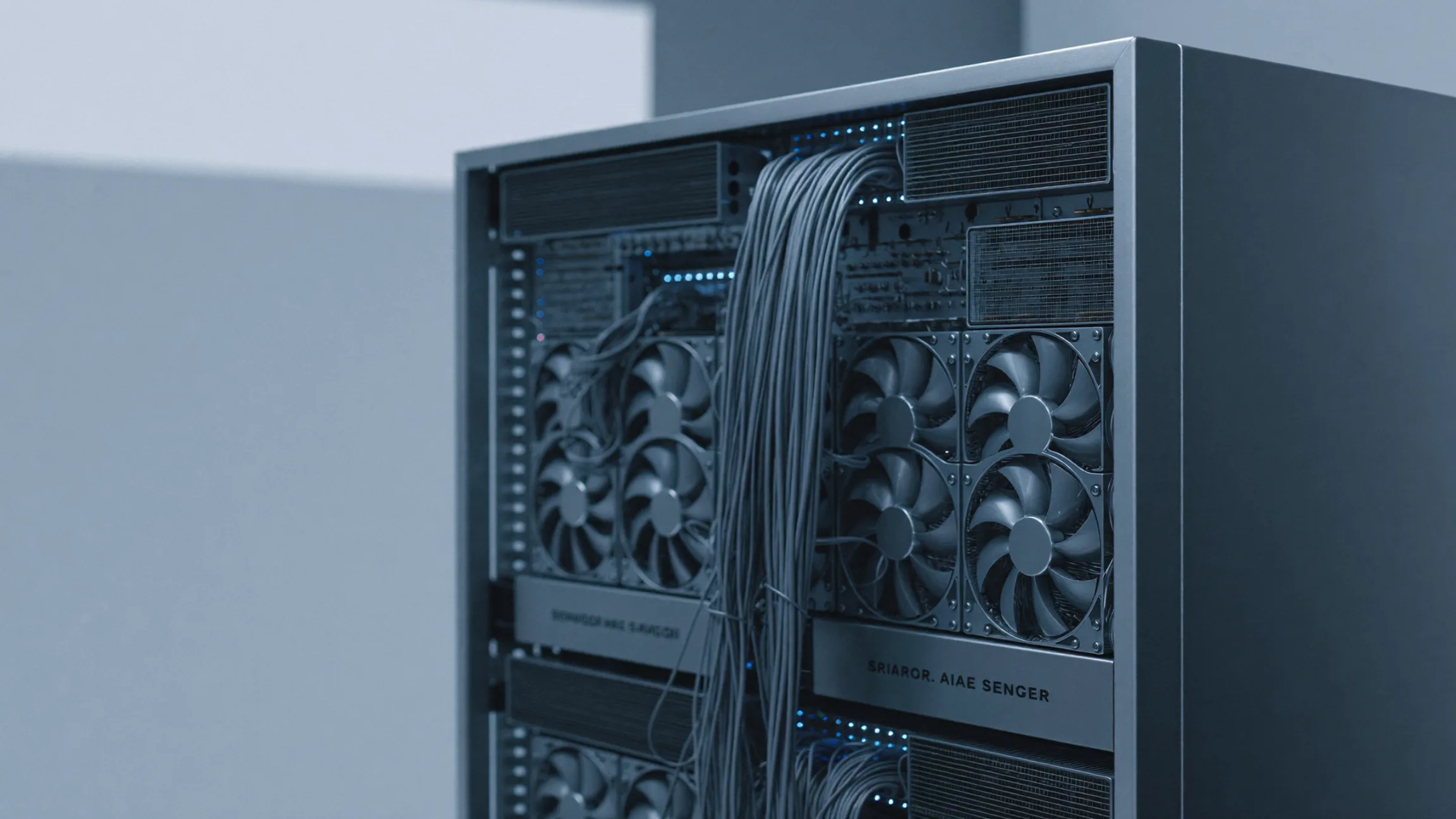 A rack of GPU servers in a dim data hall, cold blue light